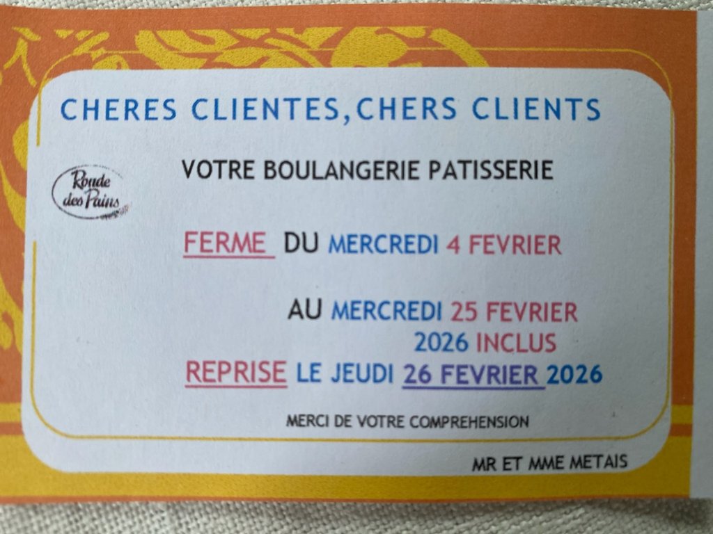 Boulangerie : fermée du 4 au 25 février