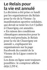 Relais pour la vie à Chauvigny : annulé
