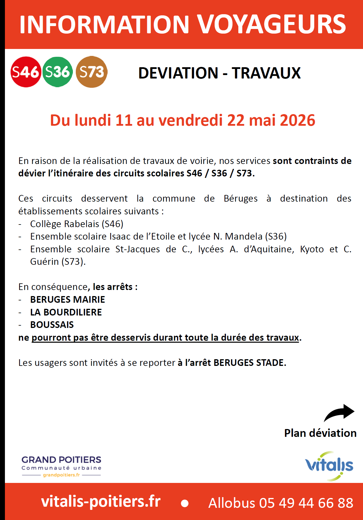 Services scolaires S36-S46-S73 – déviation travaux (Béruges) – du 11 au 22 mai 2026