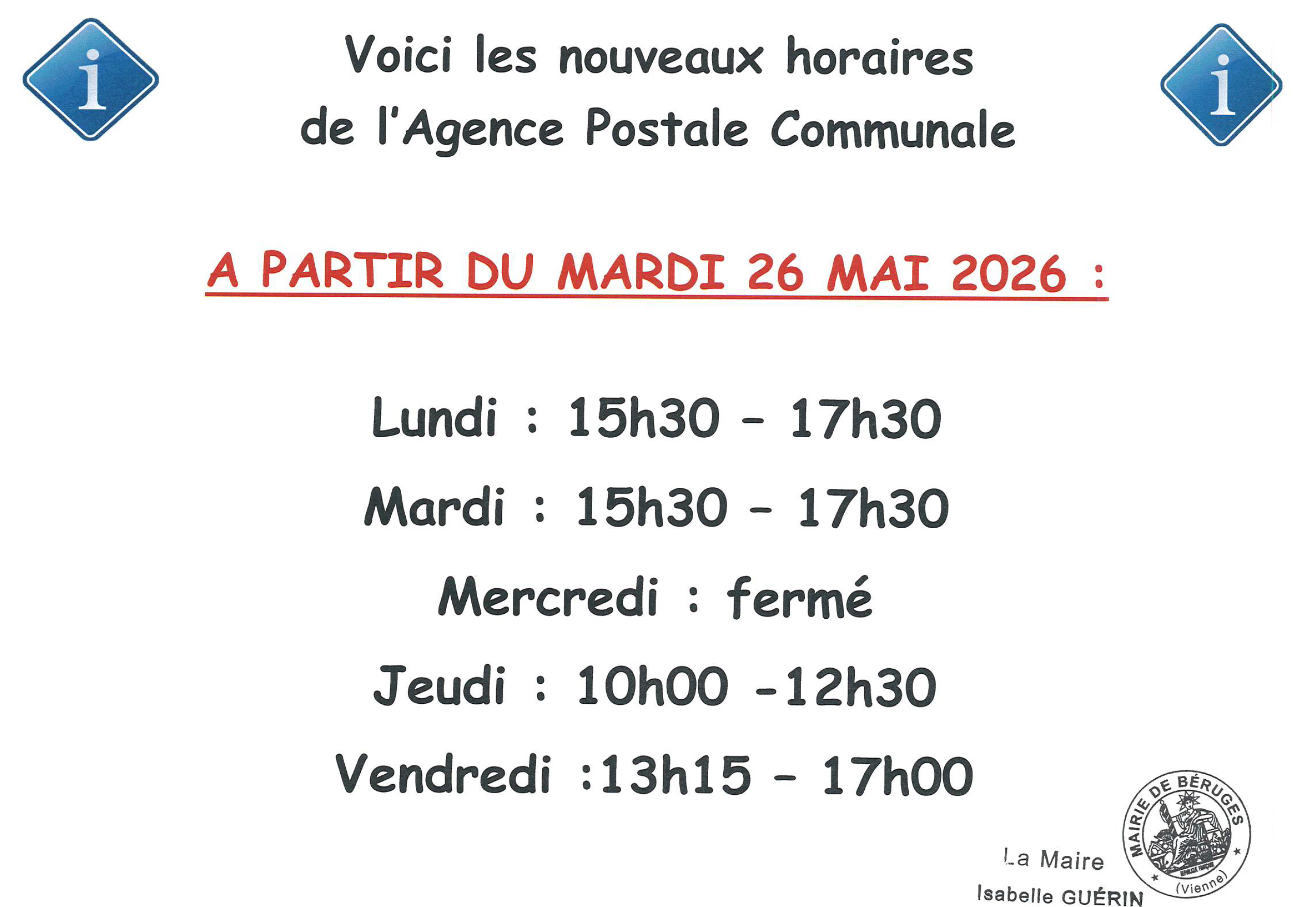 Agence Postale : Nouveaux horaires