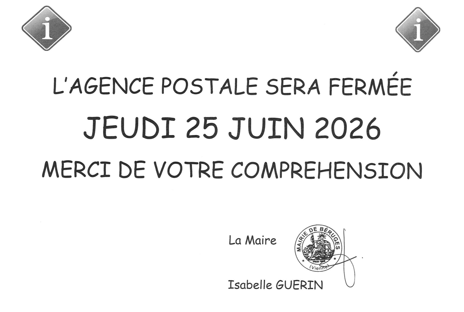 Agence postale fermée jeudi 25 juin