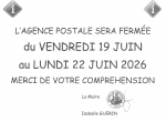 Fermeture de l&rsquo;Agence Postale du 19 au 22 juin