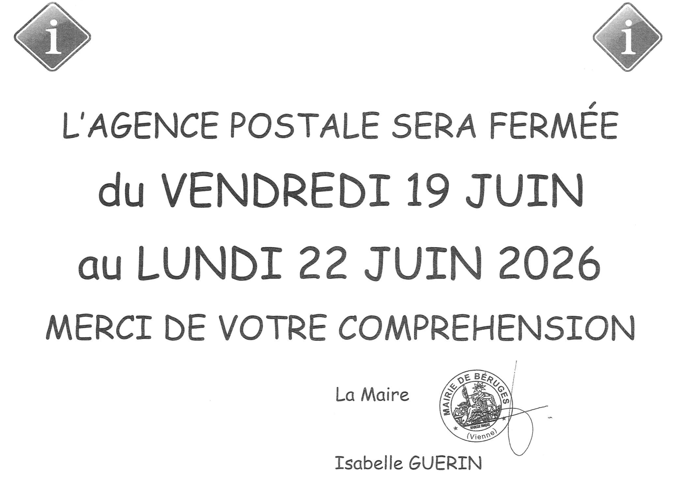 Fermeture de l&rsquo;Agence Postale du 19 au 22 juin