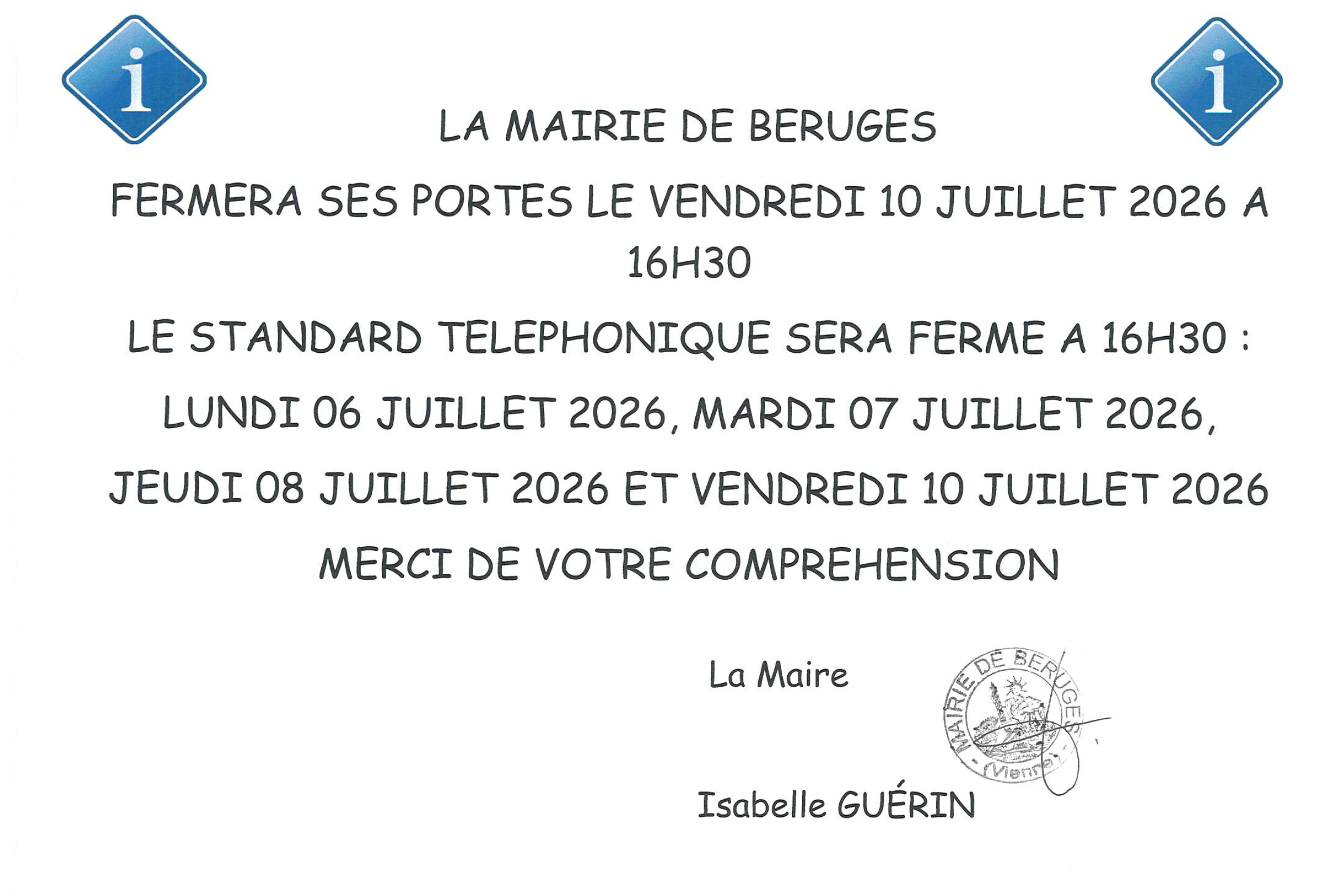 Horaires de la mairie cette semaine