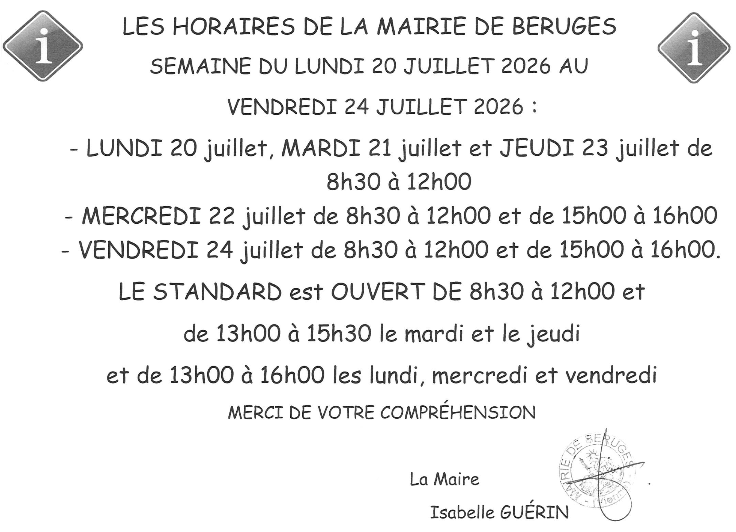 Horaires de la mairie cette semaine