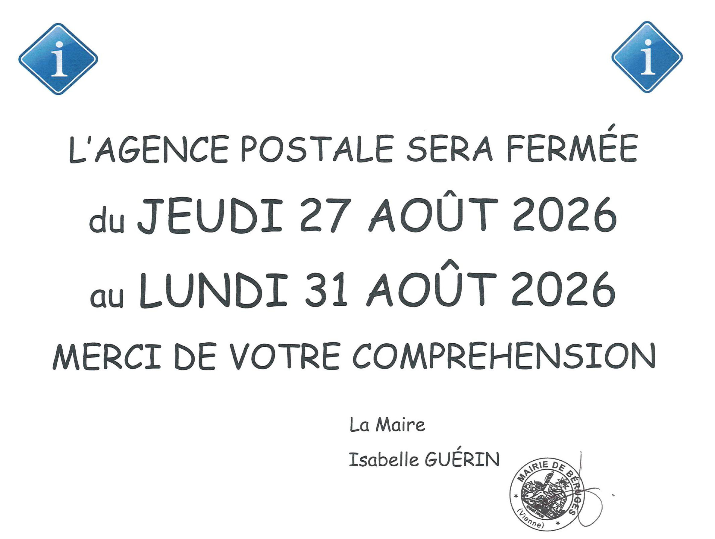 Agence postale fermée du 27 au 31 août