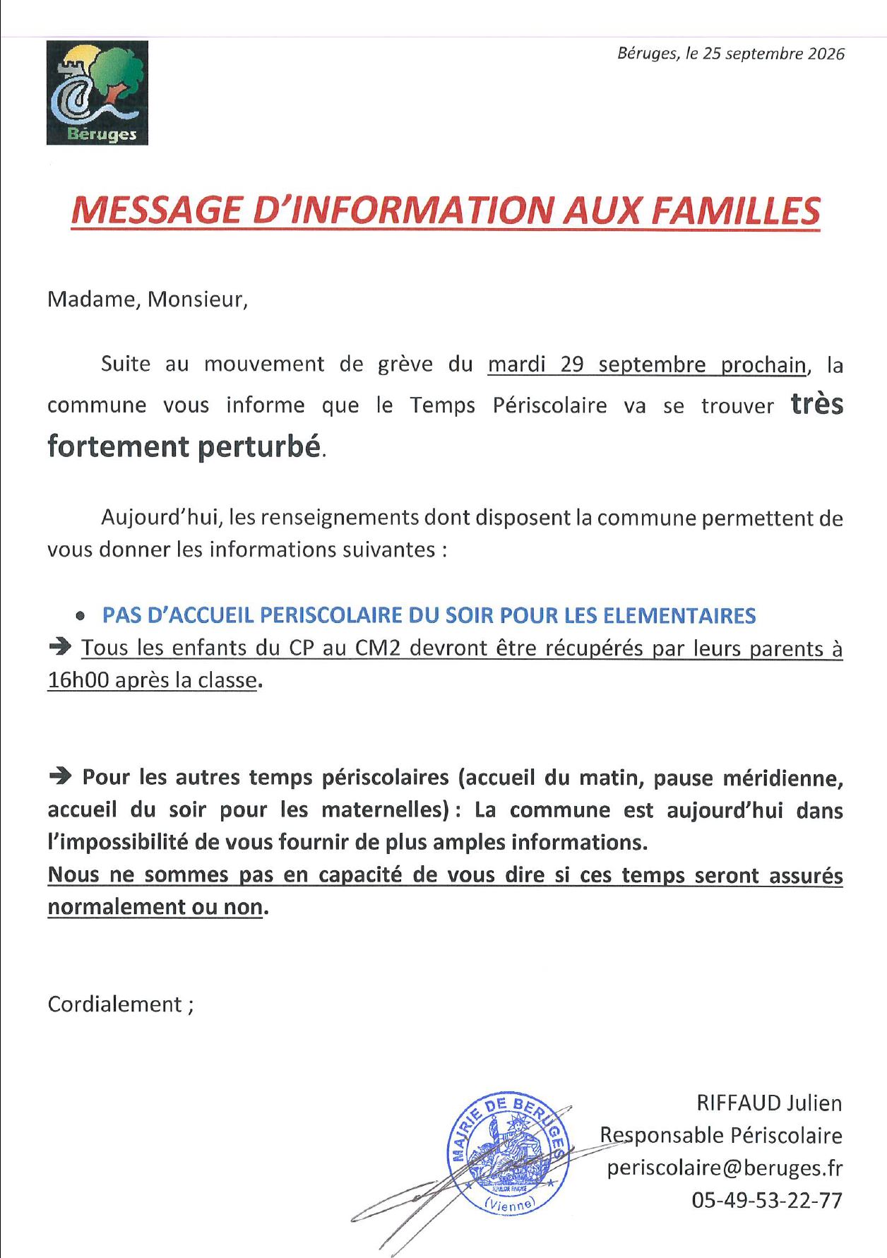 Périscolaire : grève du mardi 29 septembre
