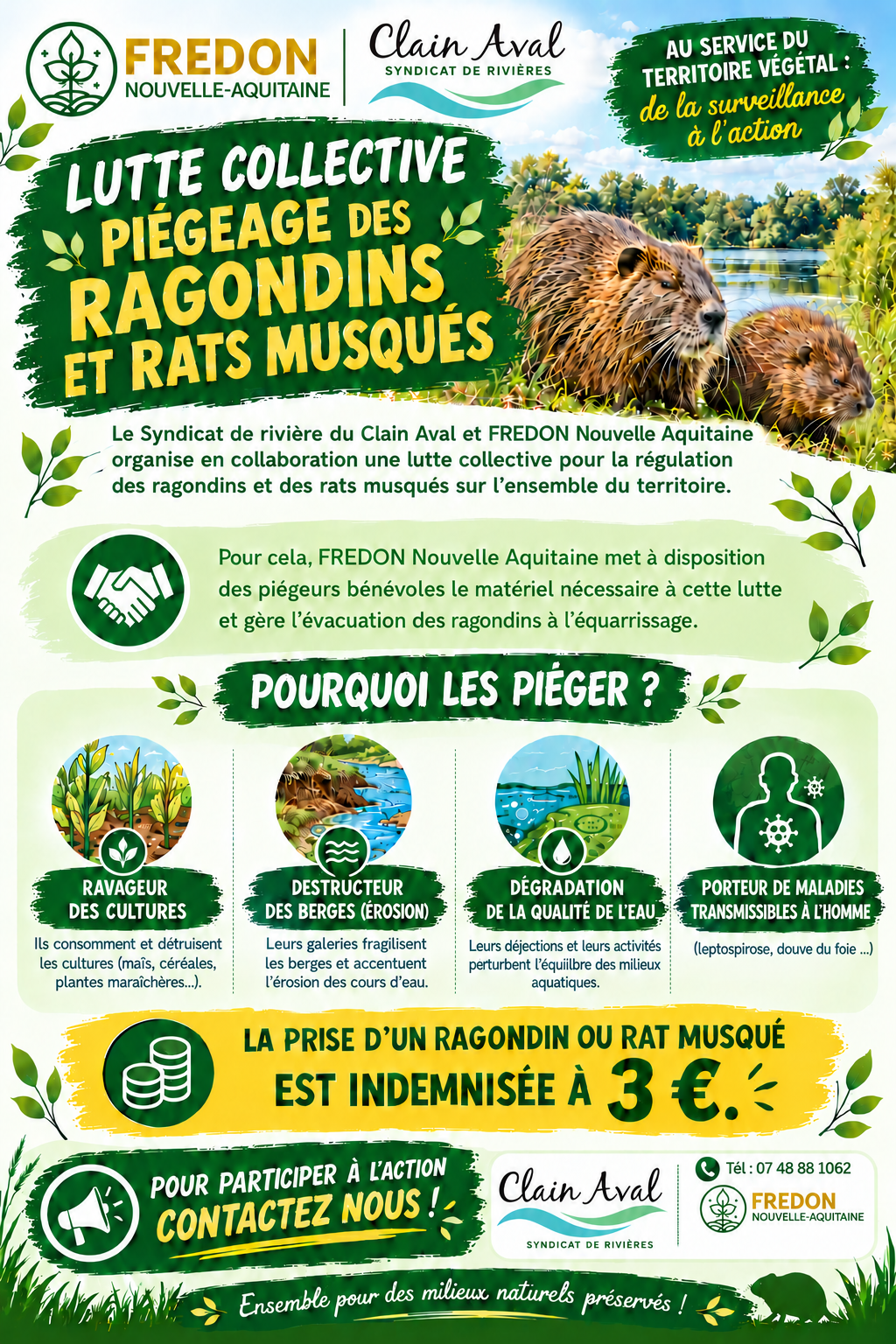 Mobilisation collective avec le Syndicat du Clain Aval contre les ragondins