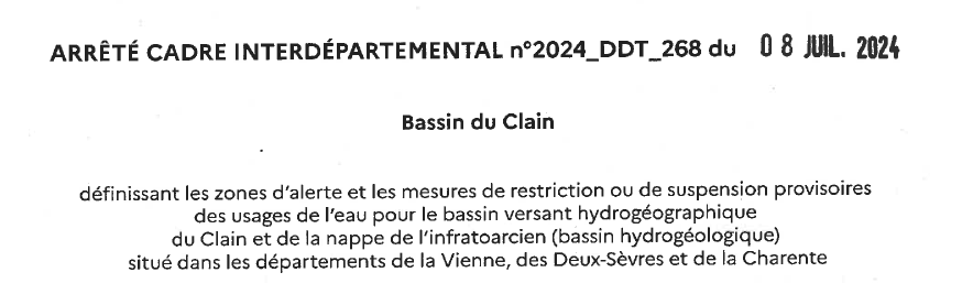 Arrêté Cadre Interdépartemental N°2024_DDT_268 : Bassin du Clain